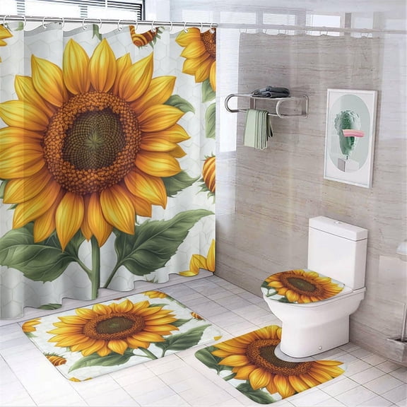 Bathroom Rugs Sets 4 Piece with Shower Curtain, Sunflowers Pattern Printed on Bathroom Rug and Shower Curtain Sets, Great for Master Bath Beach House Modern Home, 72 x 72 inches