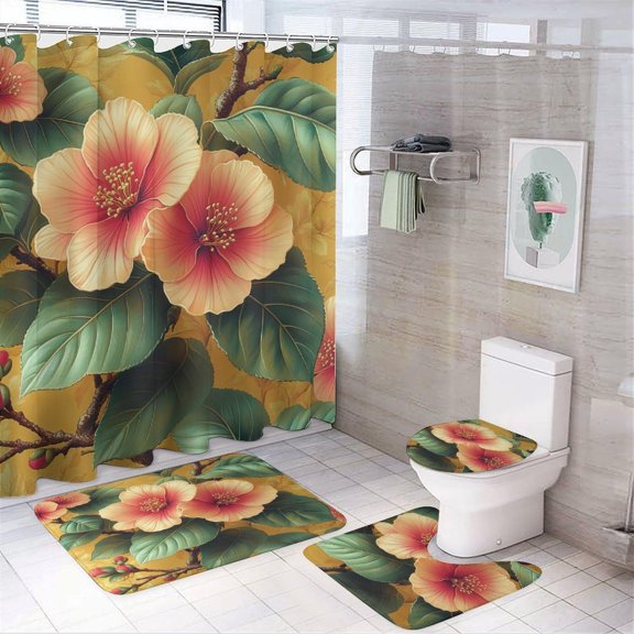 Bathroom Rugs Sets 4 Piece with Shower Curtain, Thai Silk Pattern Printed on Bathroom Shower Curtain Sets with Rugs, Suitable for Small Bathroom Gym Guest Bath, 72 x 72 inches