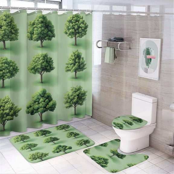 Bathroom Rugs Sets 4 Piece with Shower Curtain, Tree Silhouettes Light Green Pattern Printed on Bathroom Curtain Sets with Rugs, Perfect for Bathroom Hotel Dorm Spa Home, 72 x 72 inches