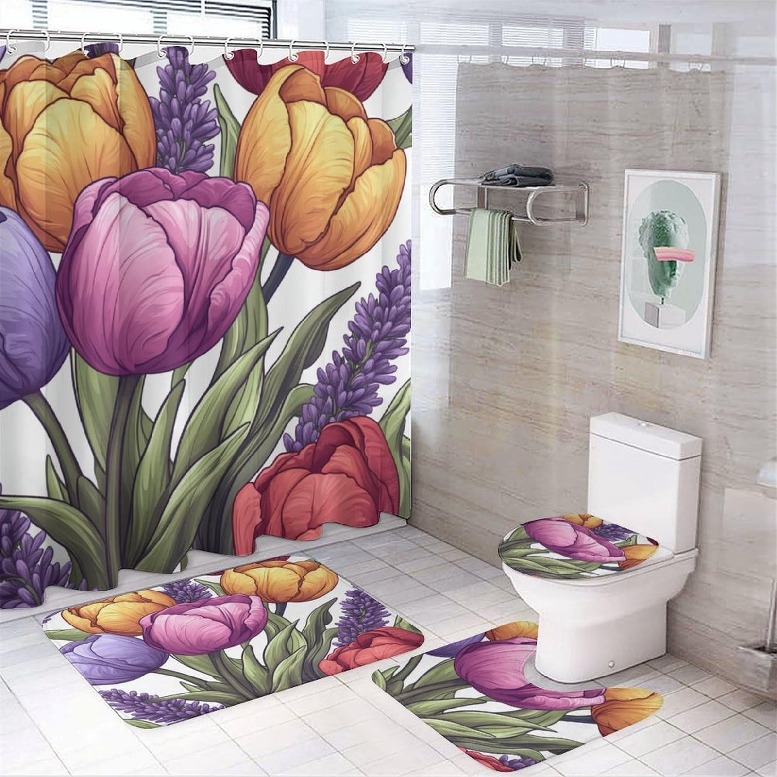 Bathroom Rugs Sets 4 Piece with Shower Curtain, Tulip and Lavender ...