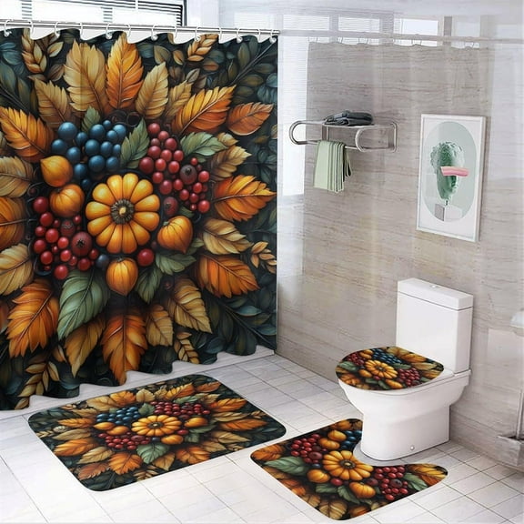 Bathroom Rugs Sets 4 Piece with Shower Curtain sets, Autumn Leaves Pattern Printed on Bathroom Decor Sets with Shower Curtains and Rugs, Perfect for Bathroom Hotel Dorm Spa Home, 72 x 72 inches