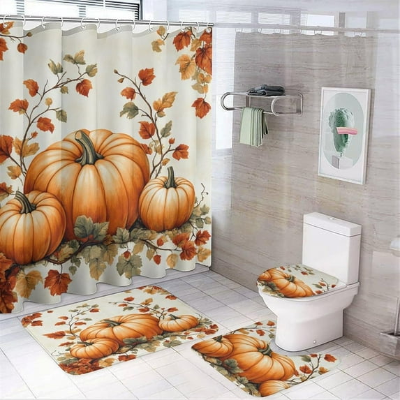 Bathroom Rugs Sets 4 Piece with Shower Curtain sets, Autumn Leaves Pattern Printed on Bathroom Decor Sets with Shower Curtains and Rugs, Perfect for Bathroom Hotel Dorm Spa Home, 72 x 72 inches