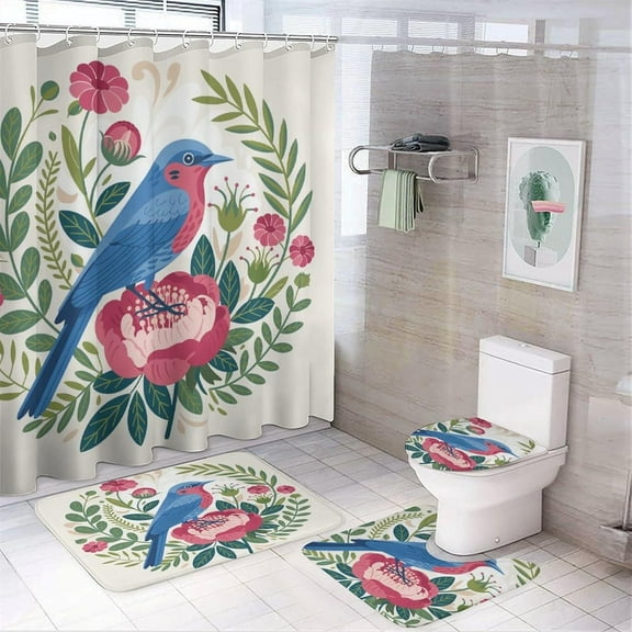 Bathroom Rugs Sets 4 Piece with Shower Curtain sets, Blue Leaf Branch Pattern Printed on Cute Shower Curtain Sets with Rugs, Perfect for Bathroom Hotel Dorm Spa Home, 72 x 72 inches