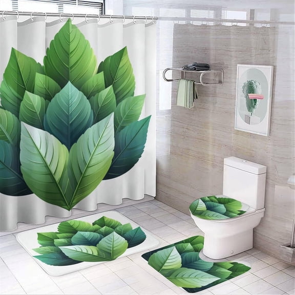 Bathroom Rugs Sets 4 Piece with Shower Curtain sets, Green Leaves on White Wood Pattern Printed on Bathroom Shower Curtain and Rug Set, Perfect for Hotel Dorm Spa Home, 72 x 72 inches