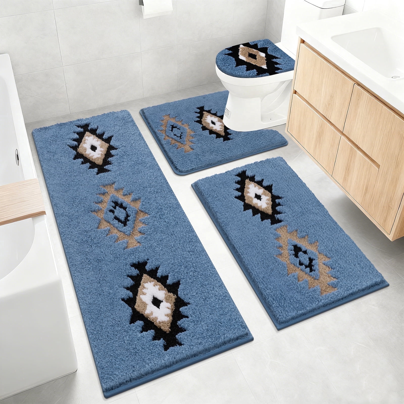 Bathroom Rugs Sets 4 Piece with Toilet Lid Cover, Non Slip Bathroom Mats Extra Soft Chenille Bath Rugs Absorbent Shaggy Rugs Perfect Plush Mats U-Shaped Toilet Rug and Toilet Cover Kitchen