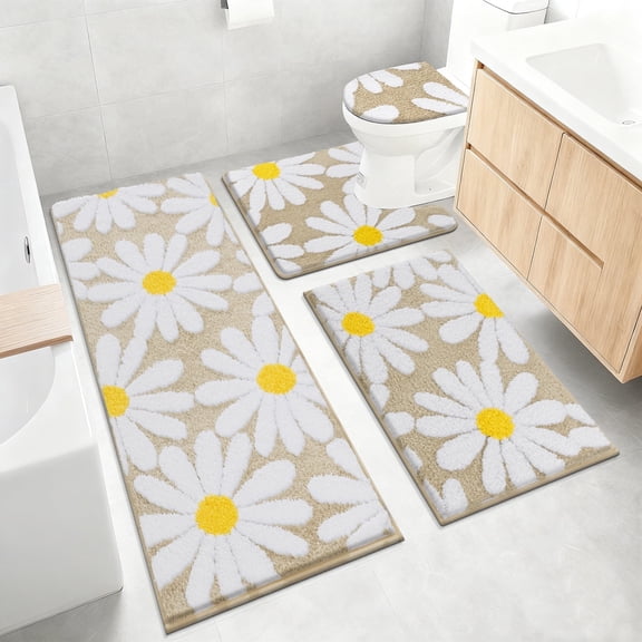 Bathroom Rugs Sets 4 Piece with Toilet Lid Cover, Non Slip Bathroom Mats Extra Soft Chenille Bath Rugs Absorbent Shaggy Rugs Perfect Plush Mats U-Shaped Toilet Rug and Toilet Cover Kitchen