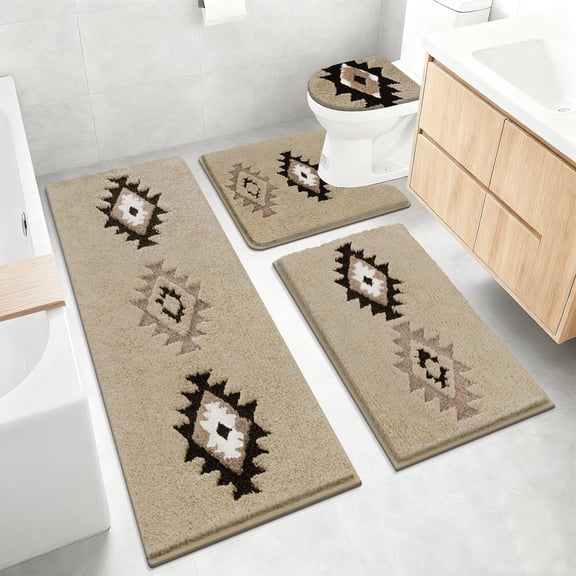 Bathroom Rugs Sets 4 Piece with Toilet Lid Cover, Non Slip Bathroom Mats Extra Soft Chenille Bath Rugs Absorbent Shaggy Rugs Perfect Plush Mats U-Shaped Toilet Rug and Toilet Cover Kitchen