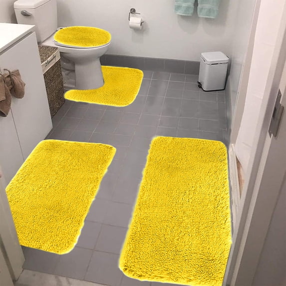 Bathroom Rugs Sets 4 Piece with Toilet Lid Cover, Soft Shaggy Bath Rug Set and U Shaped Toilet Rug, Machine Washable Bathroom Set Bath Mat Non-Slip Water Absorbent Gifts,Yellow