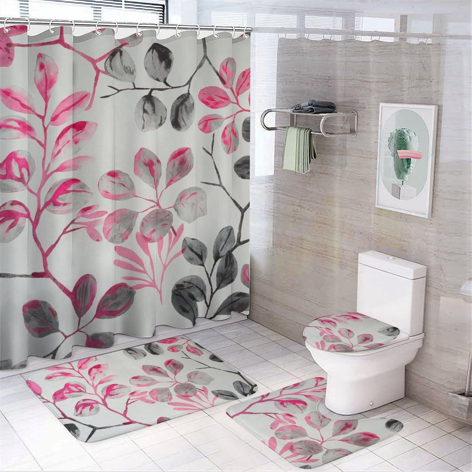 Bathroom Rugs Sets 4 Piece with Shower Curtain, Spring Pattern Printed ...