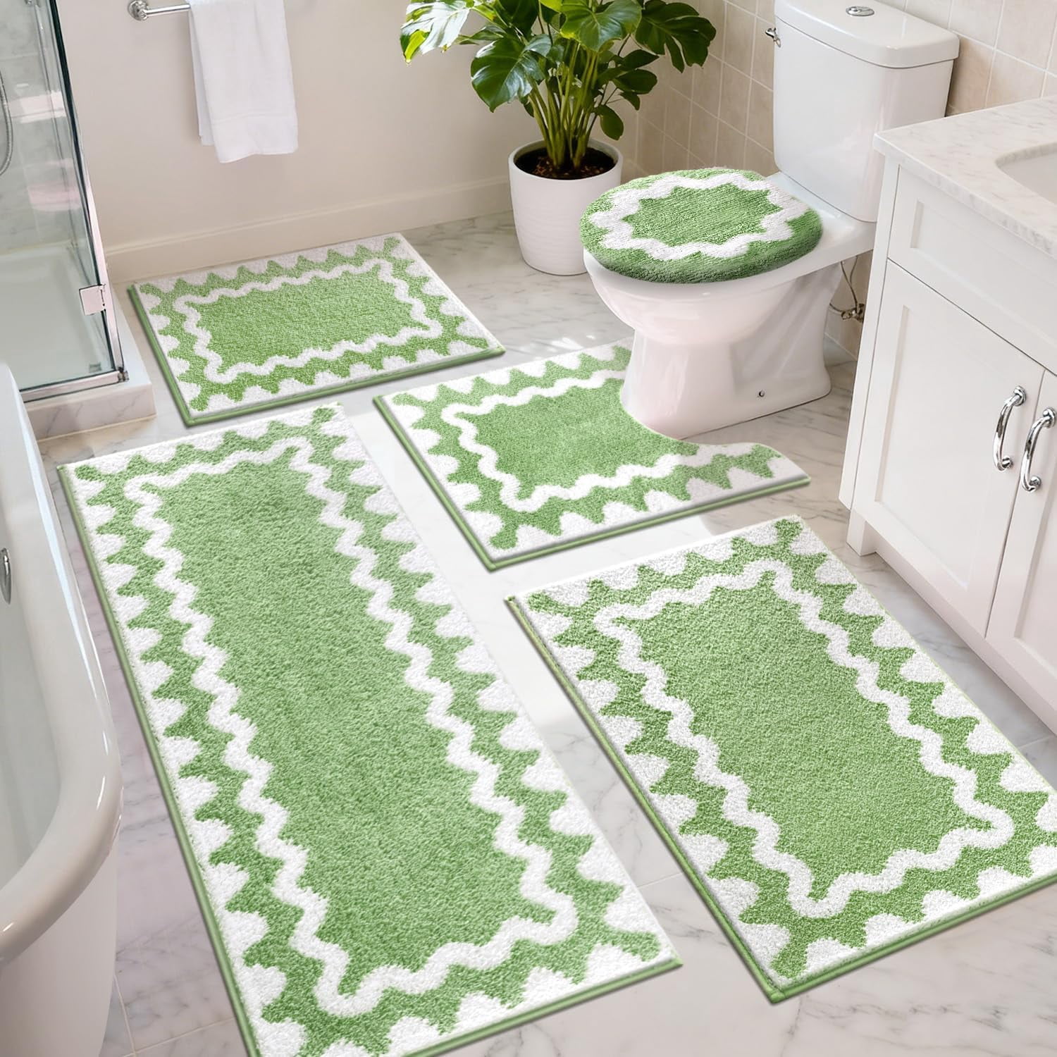 Bathroom Rugs Sets 5 Piece, Absorbent Soft Non-Slip Washable Microfiber Shaggy Bath Mat Set with Bathroom Runner Rug, U-Shaped Toilet Rugs, Shower Rug & Toilet Lid Cover, Green-White