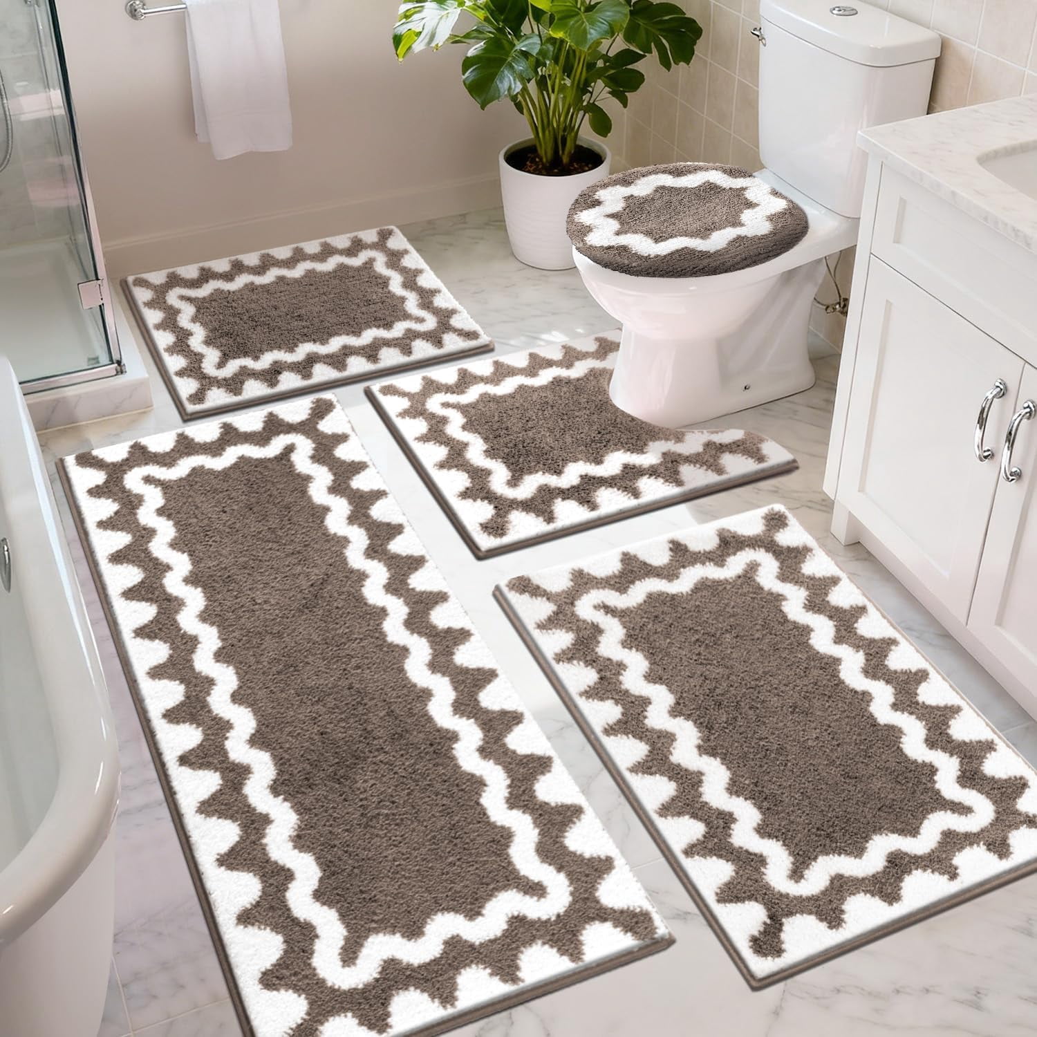 Bathroom Rugs Sets 5 Piece, Absorbent Soft Non-Slip Washable Microfiber Shaggy Bath Mat Set with Bathroom Runner Rug, U-Shaped Toilet Rugs, Shower Rug & Toilet Lid Cover, Brown-White