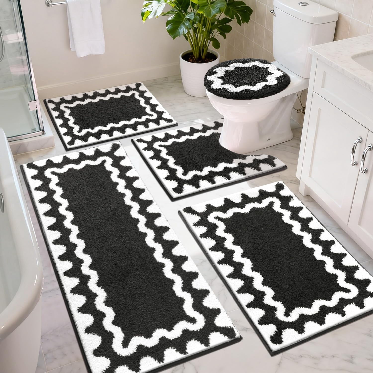 Bath Rugs Set Black & White 18"x26"+20"x32"+20"x48"+U 20"x24"+Cover 19"x21" 5 Piece Absorbent Non-Slip Washable