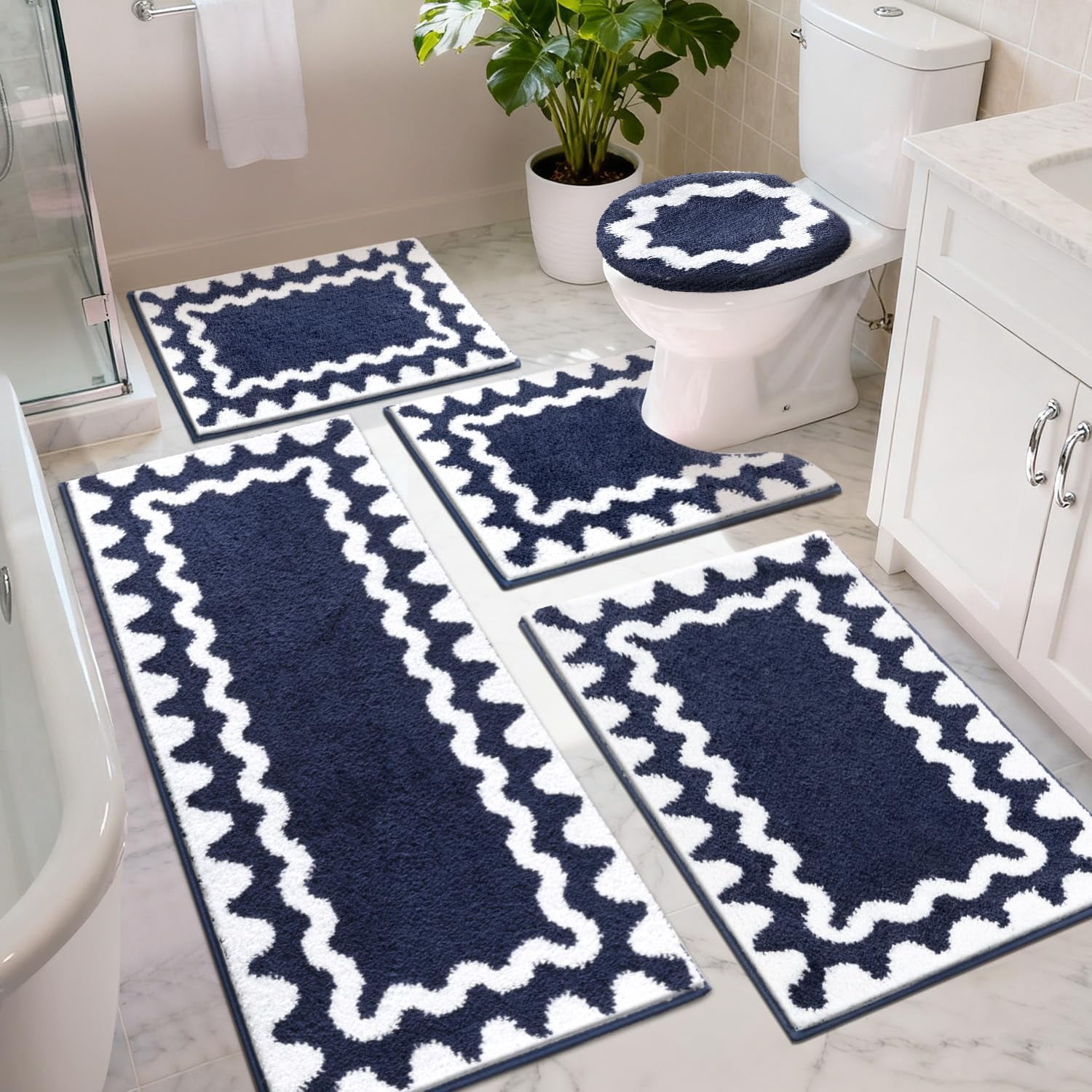 Bathroom Rugs Sets 5 Piece, Absorbent Soft Non-Slip Washable Microfiber Shaggy Bath Mat Set with Bathroom Runner Rug, U-Shaped Toilet Rugs, Shower Rug & Toilet Lid Cover, Navy-White
