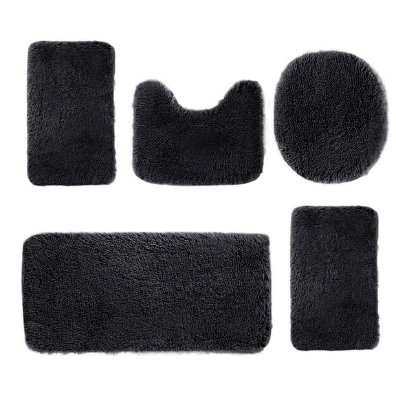 Bathroom Rugs Sets 5 Piece with Lid Cover Bathroom Shower Rugs with U-Shaped Contour Toilet Mat, Black