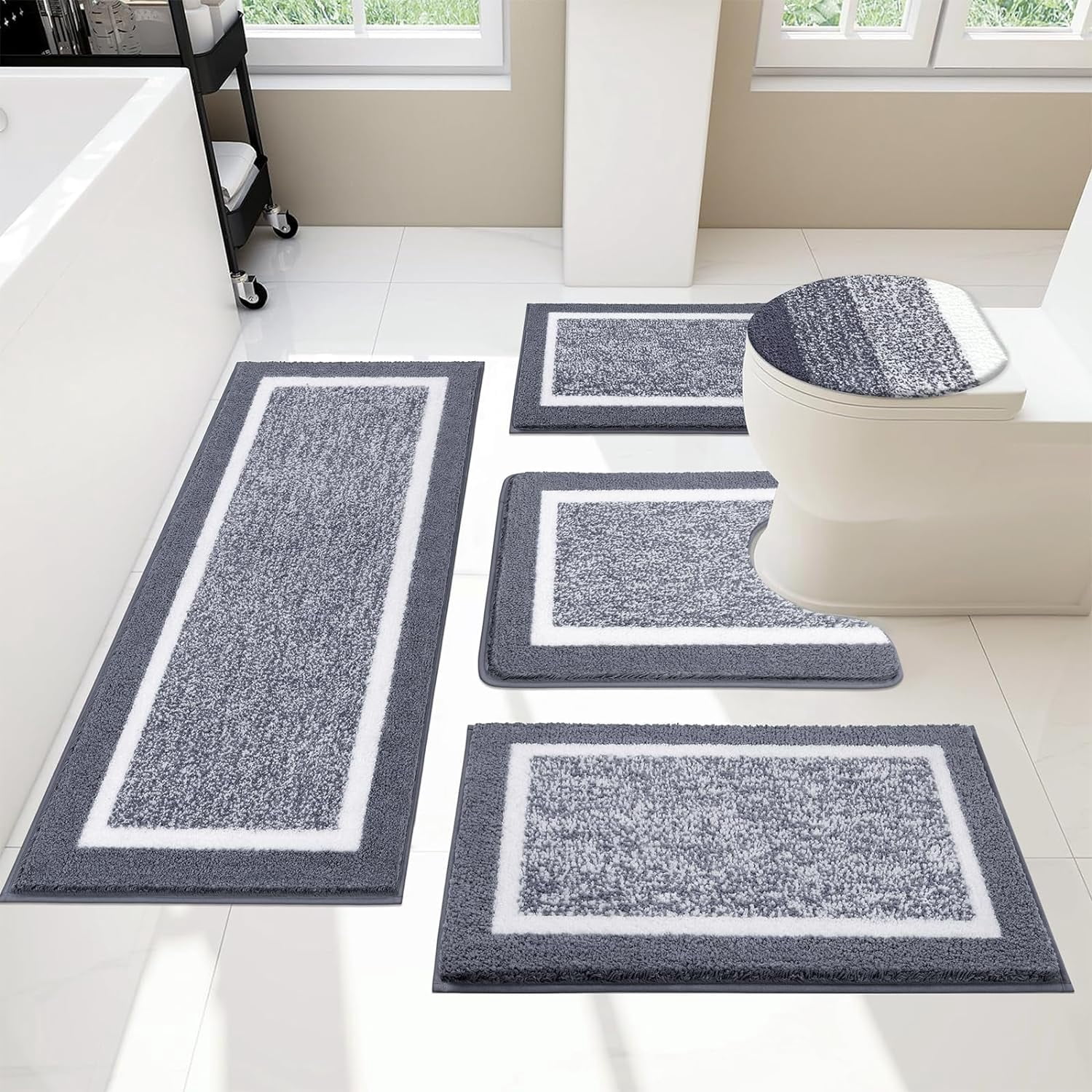 Bathroom Rugs Sets 5 Piece, Plush Absorbent Microfiber Bath Mats for Bathroom, Non Slip Washable Bath Rugs Runner with U Shaped Contour Toilet Rugs, Shower Rug and Toilet Lid Cover, Dark Grey