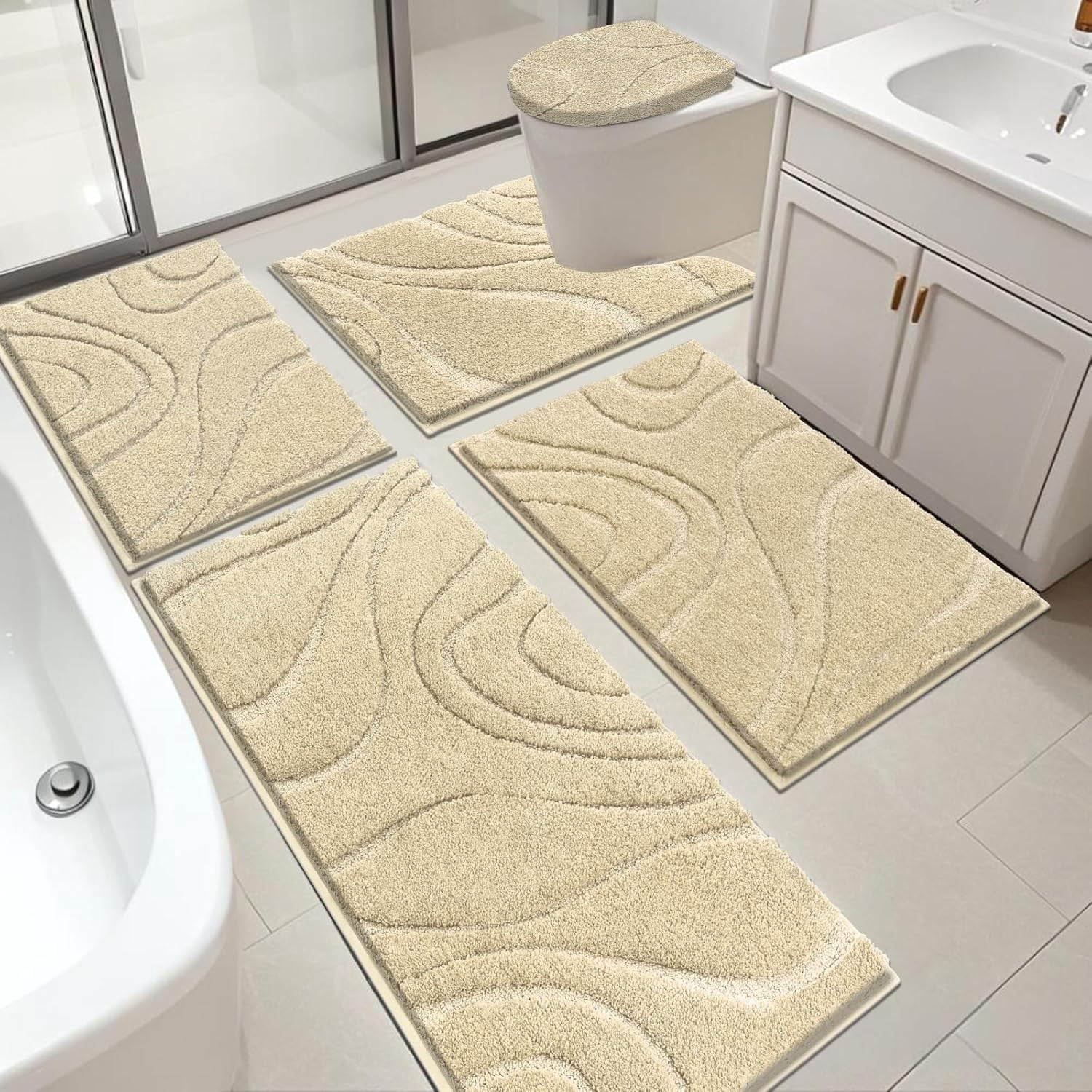 Bathroom Rugs Sets 5 Piece, Soft Absorbent Microfiber Bath Mat for Bathroom, Non Slip Washable Bath Rug Set with Toilet Cover, Bath Runner and U-Shaped Contour Toilet Rug,