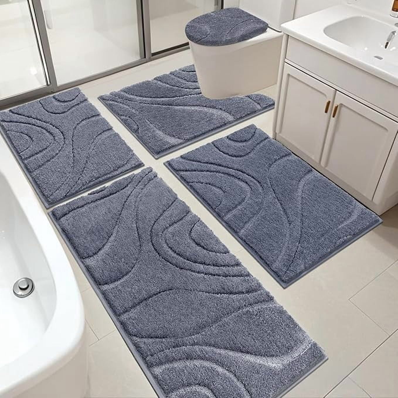 Bathroom Rugs Sets 5 Piece, Soft Absorbent Microfiber Bath Mat for Bathroom, Non Slip Washable Bath Rug Set with Toilet Cover, Bath Runner and U-Shaped Contour Toilet Rug,