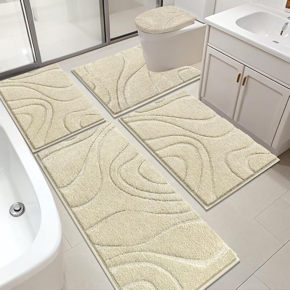 Bathroom Rugs Sets 5 Piece, Soft Absorbent Microfiber Bath Mat for Bathroom, Non Slip Washable Bath Rug Set with Toilet Cover, Bath Runner and U-Shaped Contour Toilet Rug, Light Beige