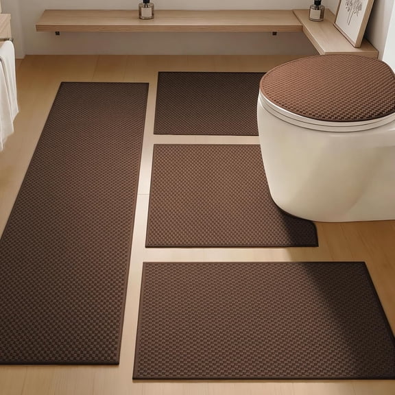 Bathroom Rugs Sets 5 count Non Slip Washable, Absorbent Quick Dry Bath Mat Set with Toilet Mat, Weave Texture Low Profile Bath Rugs, Floor Mats for Bathroom, Tub & Shower, Brown