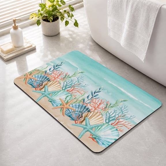 Bathroom Rugs Shell Starfish Bath Mat Absorbent Quick Dry Bathroom Floor Mat Non Slip Rubber Ocean Coral Marine Life Teal Bath Mats for Bathroom Bathtub Shower Sink Home Decor 16" x 24"