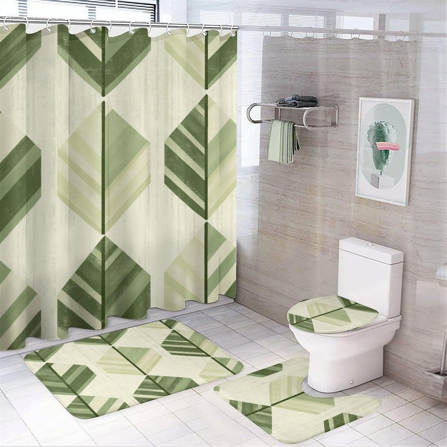 Angled Shower Rugs Bathroom Rugs and Shower Curtain Sets, Diagonal Leaf Pattern Printed on ...