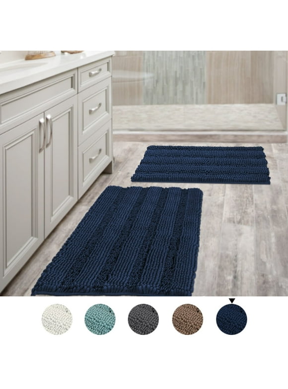 Bathroom Rugs Slip-Resistant Extra Absorbent Soft and Fluffy Thick Striped Bath Mat Non Slip Microfiber Shag Floor Mat Dry Fast Waterproof Bath Mat (1 Piece, Set of 2, or Runner)