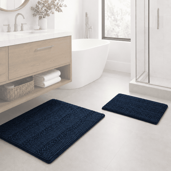 PrimeBeau Chenille Shaggy Rug Collection Striped Houses Microfiber Polyester Bath Rugs, 20" x 32" plus 17" x 24", Machine Washable, 2 Count, Navy Color