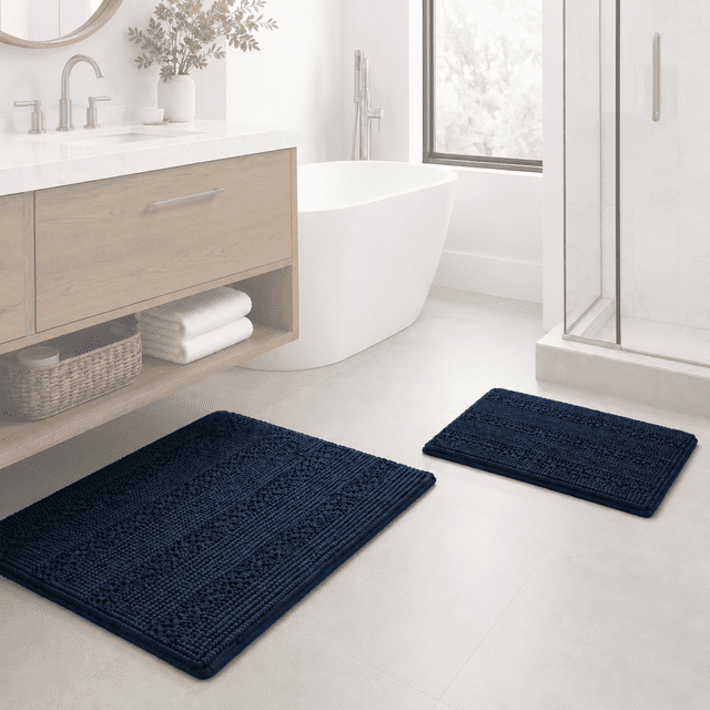PrimeBeau Chenille Shaggy Rug Collection Striped Houses Microfiber Polyester Bath Rugs, 20" x 32" plus 17" x 24", Machine Washable, 2 Count, Navy Color