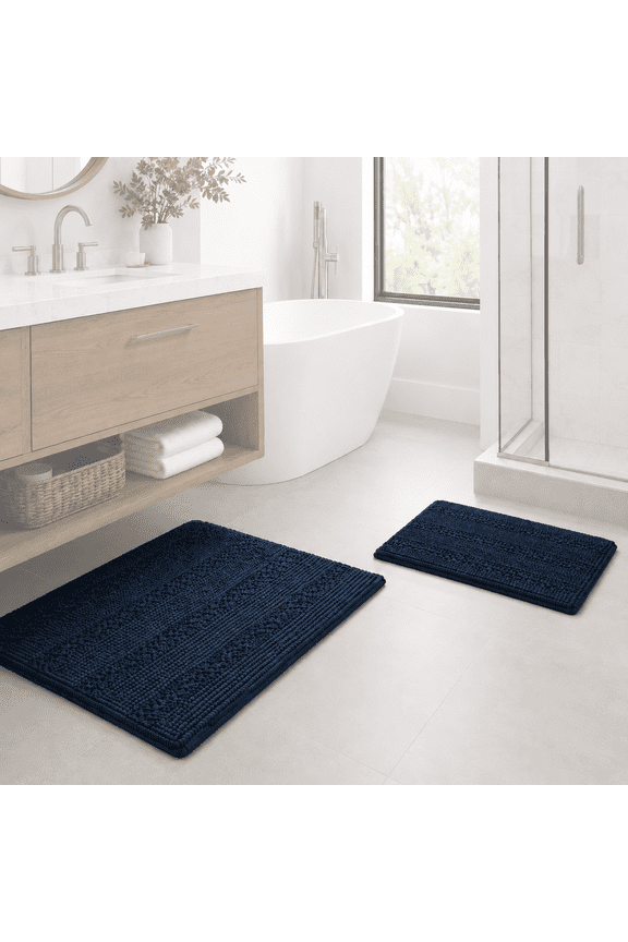 Chenille Shaggy Rug Collection Striped Houses Microfiber Polyester Bath Rugs, 20" x 32" plus 17" x 24", Machine Washable, 2 Count, Navy Color