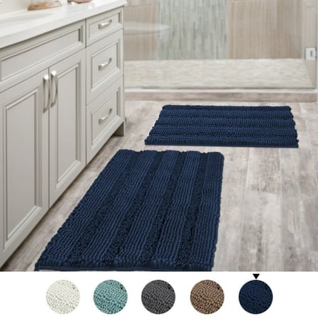 PrimeBeau Chenille Shaggy Rug Collection Contemporary Solid Print Navy Microfiber Polyester Bath Rugs, 20" x 32" Plus 17" x 24", Machine Washable, 2 Count