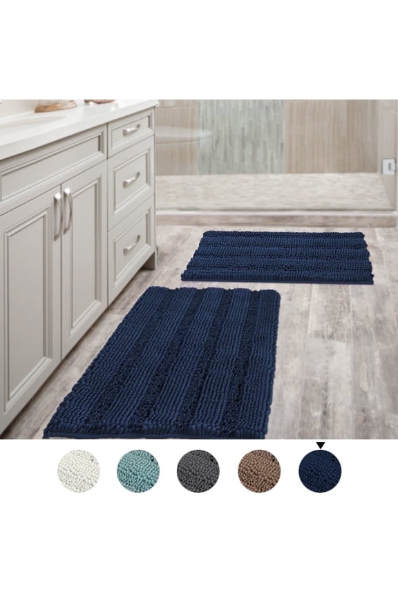 Chenille Shaggy Rug Collection Contemporary Solid Print Navy Microfiber Polyester Bath Rugs, 20" x 32" Plus 17" x 24", Machine Washable, 2 Count