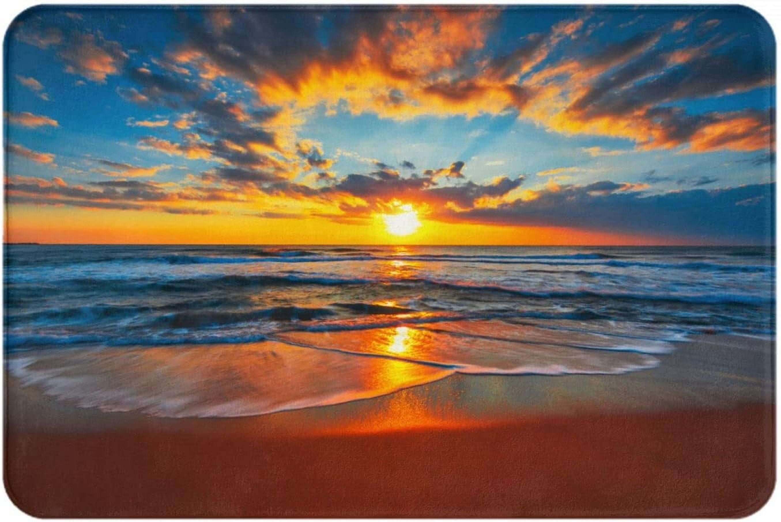 Bathroom Rugs Sunrise and Waves On The Beach Bath Mat Soft NonSlip