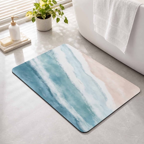 Bathroom Rugs Teal Blue Waves Bath Mat Absorbent Quick Dry Bathroom Floor Mat Non Slip Rubber Gradient Summer Sandy Beach Bath Mats for Bathroom Bathtub Shower Sink Home Decor 16" x 24"