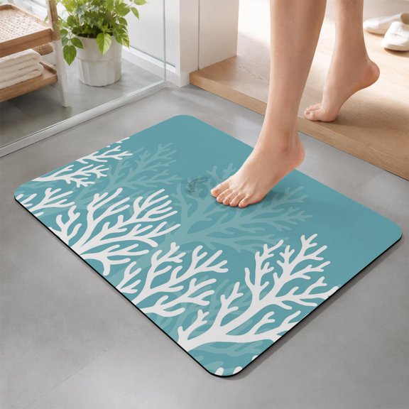 Bathroom Rugs Teal Coastal Coral Reef Bath Mat Absorbent Quick Dry Bathroom Floor Mat Non Slip Rubber Ocean Marine Life Seaweed Bath Mats for Bathroom Bathtub Shower Sink Home Decor 18" x 30"