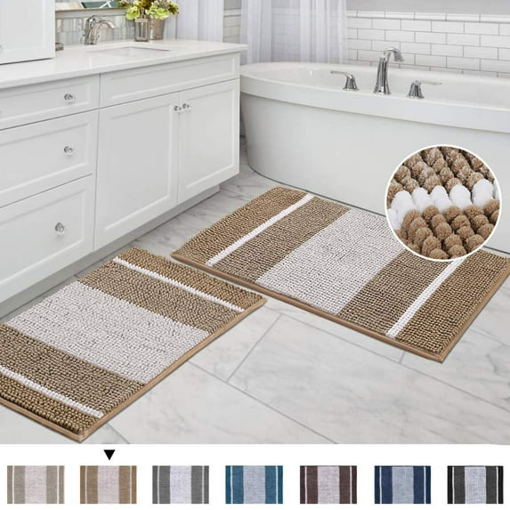 Bathroom Rugs Ultra Thick and Soft Texture Chenille Plush Striped Floor Mats Hand Tufted Bath Rug with Non-Slip Backing Microfiber Door Mat for Entryway, 2 Pack, 20" x 32"/17" x 24", Beige