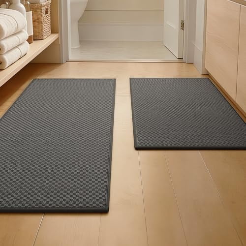 Bathroom Rugs, Ultra Thin Bath Mat, Set of 2, Non-Slip, Quick Dry Absorbent, Machine Washable Bath Mat Set for Bathroom Floor, (17"x24" Plus 17"x47", Dark Grey)$$Home Decor, Kitchen, & Other