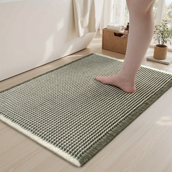 VUNATE Waffle Bathroom Rugs Ultra-Soft Non-Slip Bath Mat Super Absorbent Quick Dry Bath Rugs for Bathroom Floor Machine Washable Bathroom Mats with Tassels Boho Bathroom Decor 17"x24" Green and White