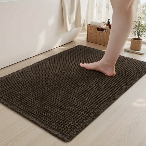VUNATE Waffle Bathroom Rugs Ultra-Soft Non-Slip Bath Mat Super Absorbent Quick Dry Bath Rugs for Bathroom Floor Machine Washable Bathroom Mats with Tassels Boho Bathroom Decor 17"x24" Chocolate