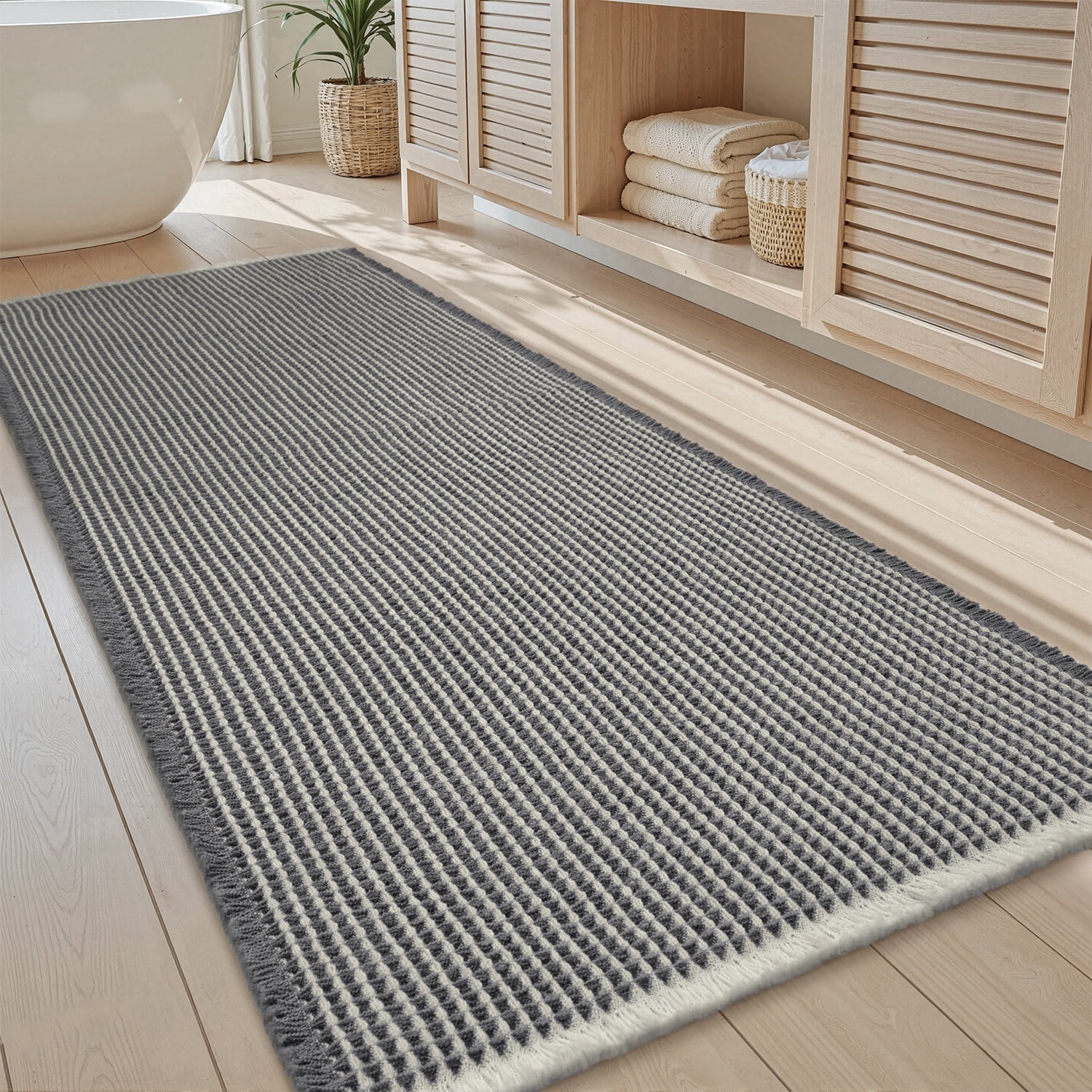 VUNATE Waffle Bathroom Runner 2'x6' Bath Runner Ultra-Soft Non-Slip Bath Mat Super Absorbent Quick Dry Bathroom Rugs Machine Washable Bathroom Mats for Bathroom Floor Kitchen Dark Gray and White