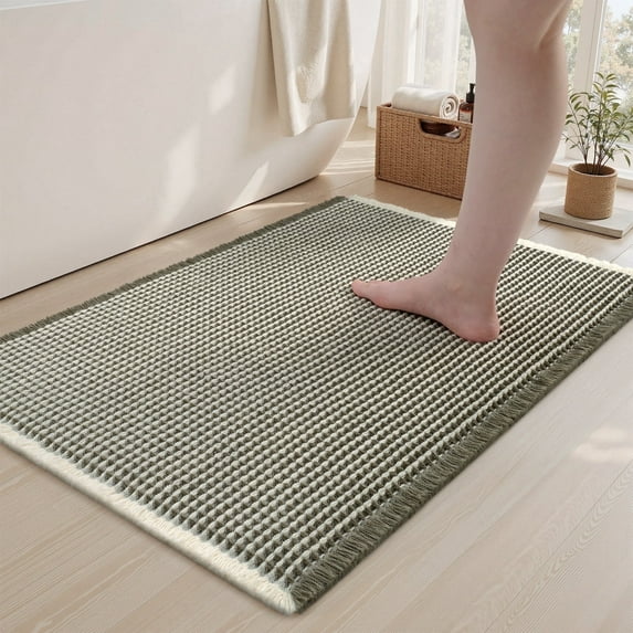 VUNATE Waffle Bathroom Rugs Ultra-Soft Non-Slip Bath Mat Super Absorbent Quick Dry Bath Rugs for Bathroom Floor Machine Washable Bathroom Mats with Tassels Boho Bathroom Decor 24"x36" Green and White