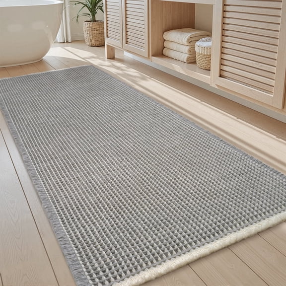 VUNATE Waffle Bathroom Runner 2'x6' Bath Runner Ultra-Soft Non-Slip Bath Mat Super Absorbent Quick Dry Bathroom Rugs Machine Washable Bathroom Mats for Bathroom Floor Kitchen Light Gray and White