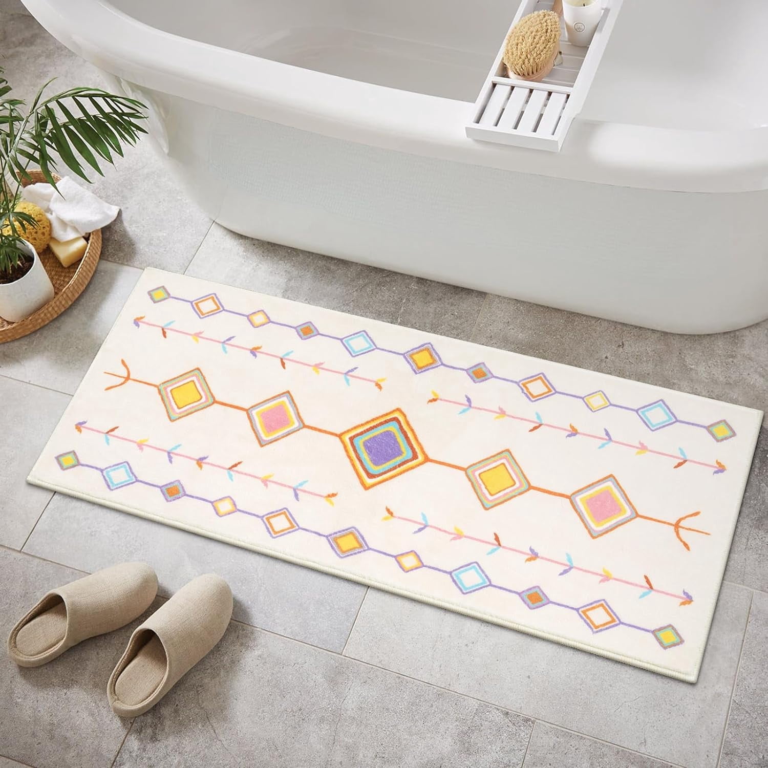 Bathroom Rugs Washable, Cute Colorful Geometric Bathroom Runner Rug, Super Cozy Boho Bath Mats for Bathroom Non Slip, Aesthetic Tribal Bathroom Floor Mat for Sink Shower Toilet, 18X47 inch