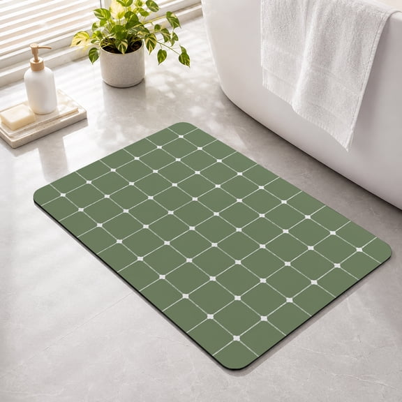 Bathroom Rugs White Dots Grid Lines Bath Mat Absorbent Quick Dry Bathroom Floor Mat Non Slip Rubber Intersect Points Green Plaid Bath Mats for Bathroom Bathtub Shower Sink Home Decor 16" x 24"