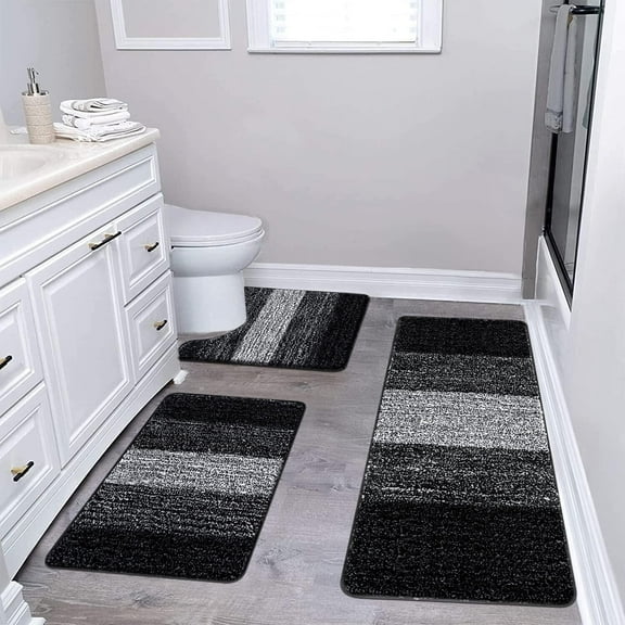 Bathroom Rugs, Yamaziot Bath Mat Set of 3, Absorbent Microfiber Bath Rug, Non-Slip Shaggy Ultra Soft Bathroom Mat with U Shaped Contour Toilet Mat for Tub Front, Shower Floor, Black