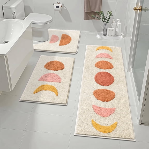 Bathroom Rugs, Yamaziot Bath Mat Set of 3, Absorbent Microfiber Non-Slip Shaggy Ultra Soft Bathroom Runner with U Shaped Contour Toilet Mat for Tub Front, Shower Floor, Beige