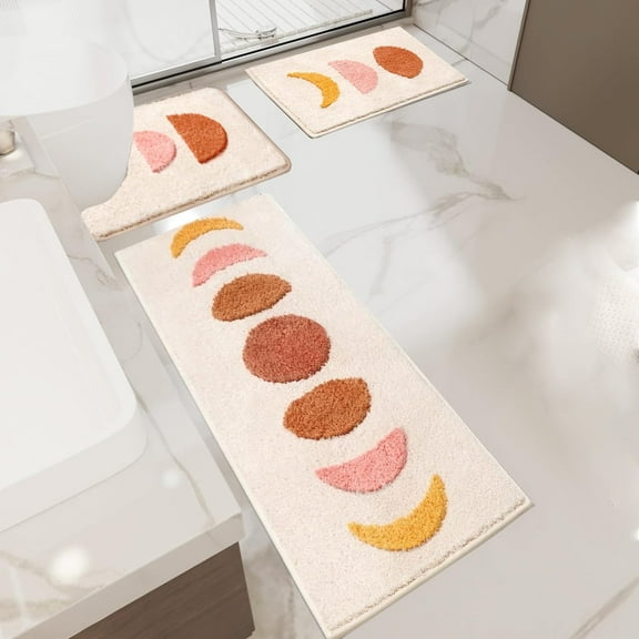 Bathroom Rugs, Yamaziot Bath Mat Set of 3, Absorbent Microfiber Non-Slip Shaggy Ultra Soft Bathroom Runner with U Shaped Contour Toilet Mat for Tub Front, Shower Floor, Beige