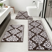 Bathroom Rugs, Yamaziot Bathroom Rugs Sets 3, Non Slip Absorbent Microfiber Shaggy Ultra Soft Bath Rug Mat Runner with U Shaped Contour Toilet Mat, Brown