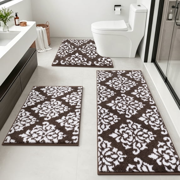 Bathroom Rugs, Yamaziot Bathroom Rugs Sets 3, Non Slip Absorbent Microfiber Shaggy Ultra Soft Bath Rug Mat Runner with U Shaped Contour Toilet Mat, Brown