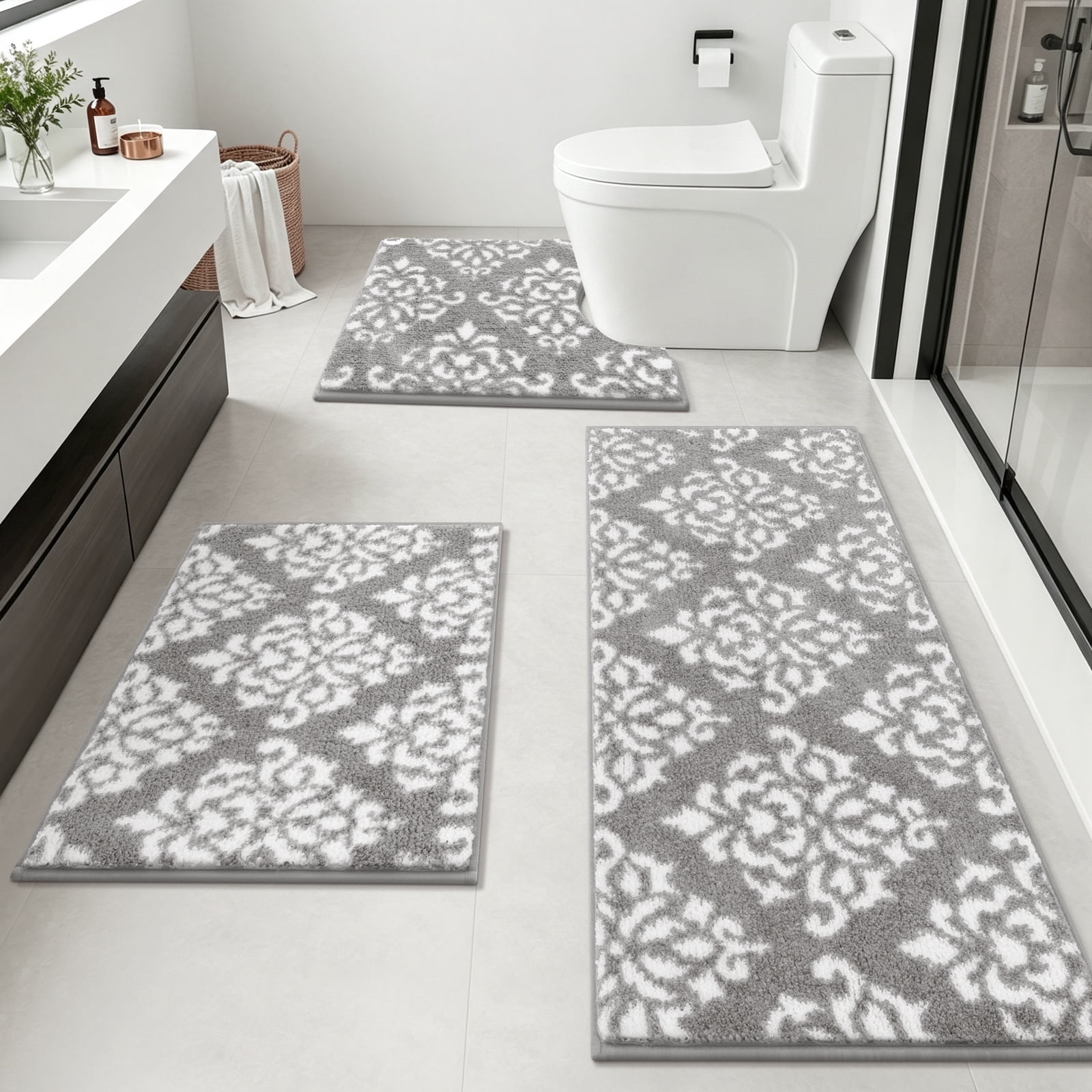 Bathroom Rugs, Yamaziot Bathroom Rugs Sets 3, Non Slip Absorbent Microfiber Shaggy Ultra Soft Bath Rug Mat Runner with U Shaped Contour Toilet Mat, Gray