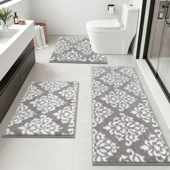 Bathroom Rugs, Yamaziot Bathroom Rugs Sets 3, Non Slip Absorbent Microfiber Shaggy Ultra Soft Bath Rug Mat Runner with U Shaped Contour Toilet Mat, Gray